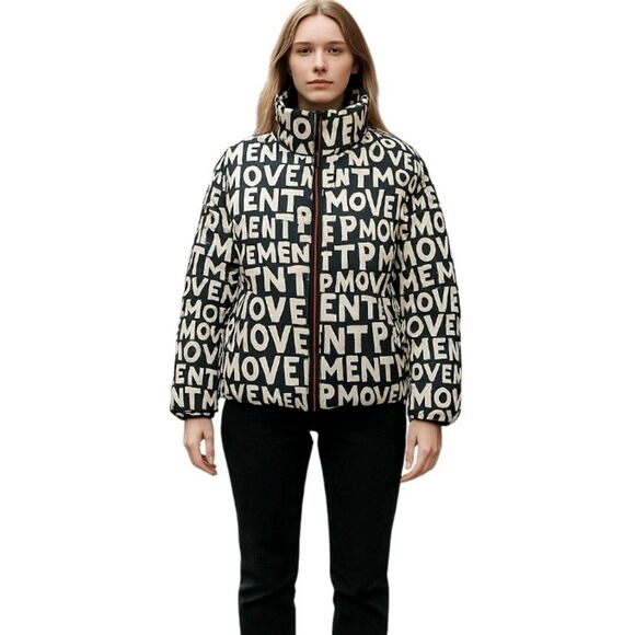 Free People Oversized Puffer Jacket Movement Zips XS-X Black White Spell Out New - Picture 1 of 16